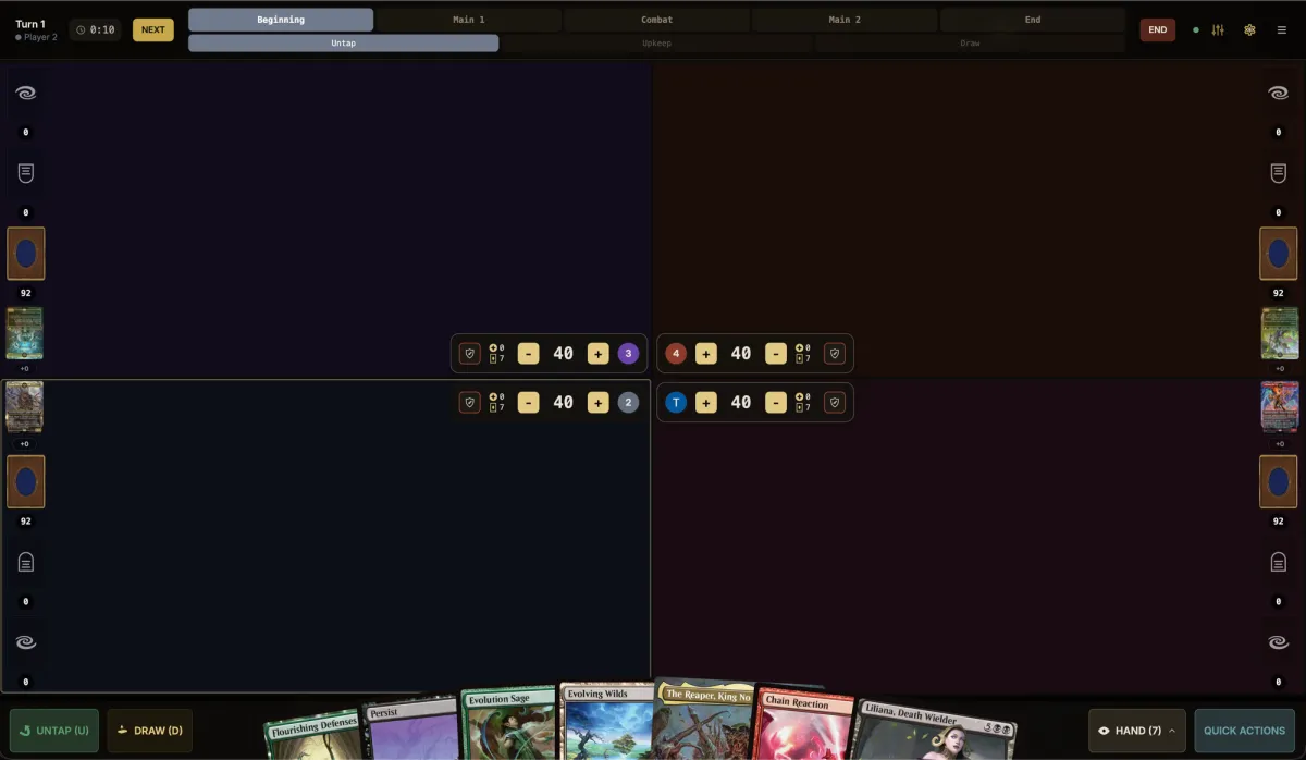 Four-player Commander game in the Mulligan Labs web client, with turn tracker, life totals, and a hand of cards