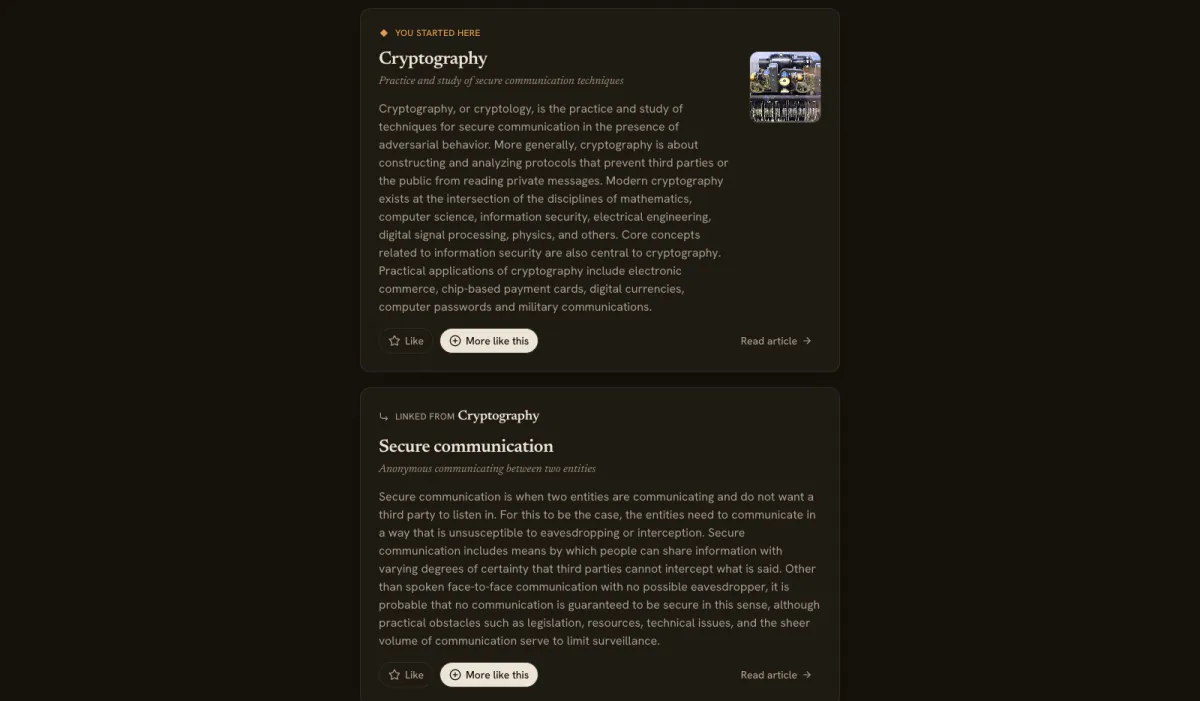 The Tangent feed showing an article on Cryptography followed by a card labelled linked from Cryptography