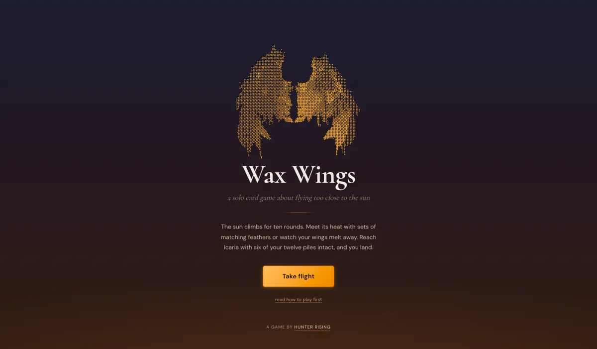 The Wax Wings title screen, with dithered gold wings above the game's opening rules